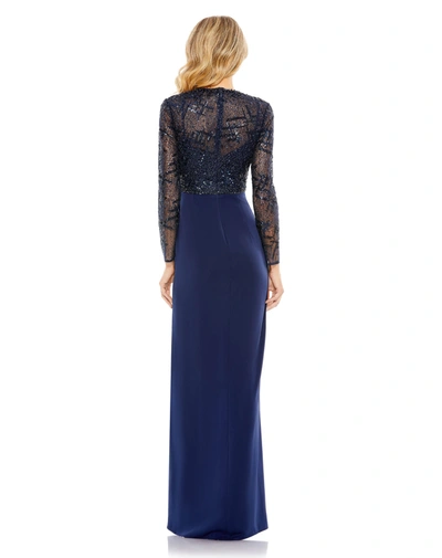 Shop Mac Duggal Embellished High Neck Bodice Faux Wrap Gown In Midnight