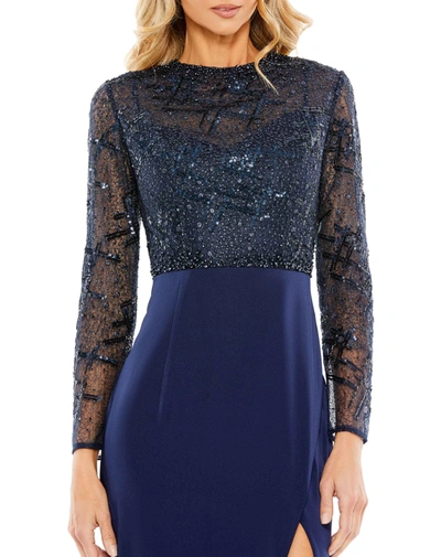 Shop Mac Duggal Embellished High Neck Bodice Faux Wrap Gown In Midnight