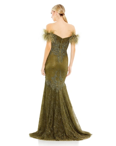 Shop Mac Duggal Feathered Crystal Embellished Sleeveless Gown In Olive