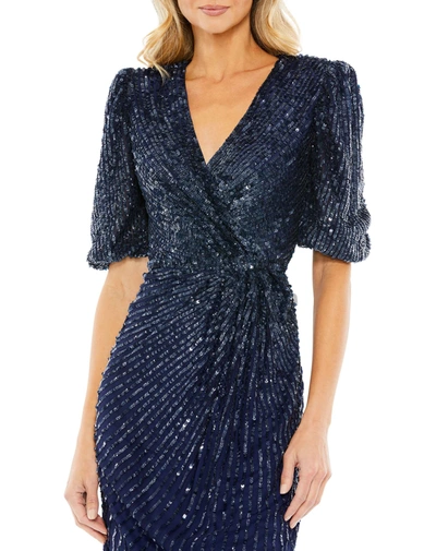 Shop Mac Duggal Sequined V-neck Short Puff Sleeve Midi Dress In Midnight