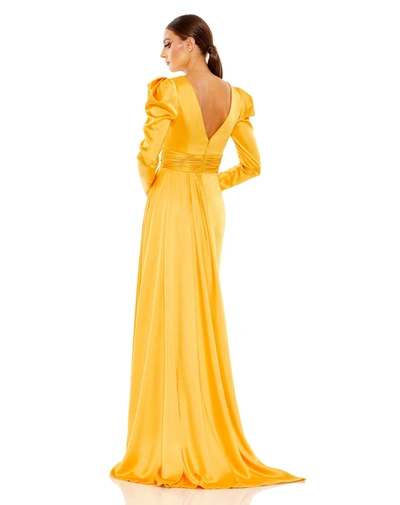 Shop Mac Duggal Faux Wrap Long Sleeve A Line Gown In Marigold