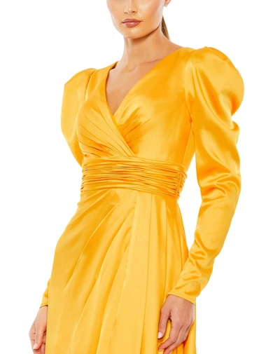 Shop Mac Duggal Faux Wrap Long Sleeve A Line Gown - Final Sale In Marigold