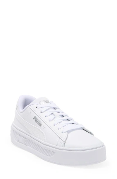 Shop Puma Smash V3 Snake Embossed Leather Platform Sneaker In White-white-silver