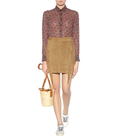 Shop Saint Laurent Fringed Suede Miniskirt In Brown
