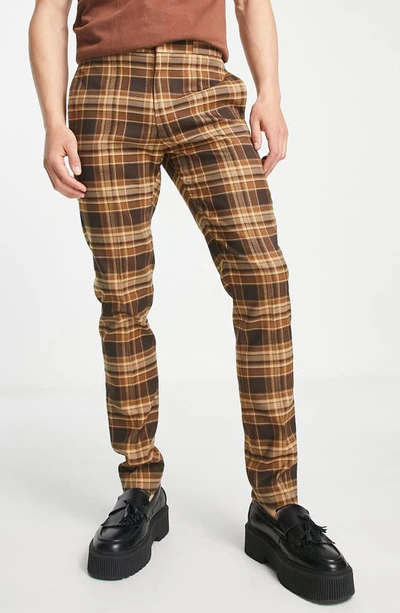Shop Asos Design Plaid Skinny Smart Trousers In Brown