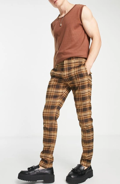 Shop Asos Design Plaid Skinny Smart Trousers In Brown