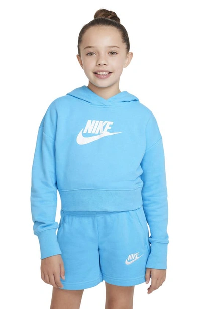 Shop Nike Kids' Club Crop Cotton Blend French Terry Hoodie In Baltic Blue/ White