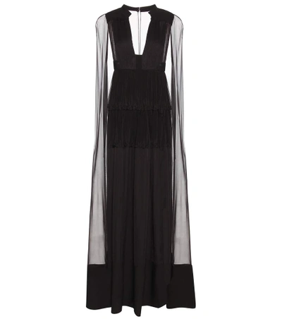 Valentino Floor Length Silk Gown With Chiffon Cape In Black