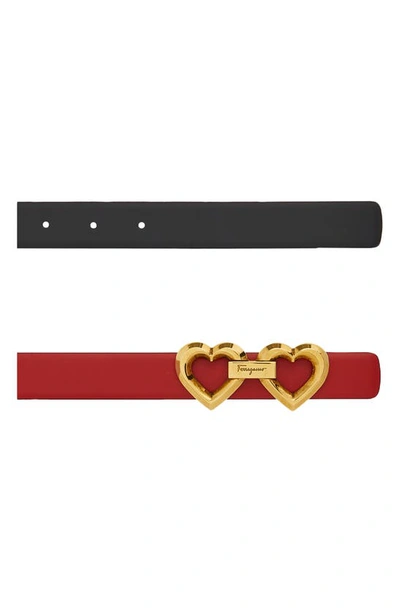Shop Ferragamo St. Valentine Double Gancio Reversible Leather Belt In Lipstick / Nero