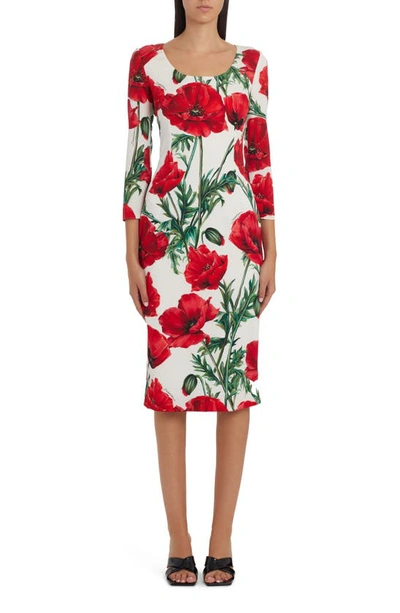 Shop Dolce & Gabbana Poppy Print Silk Charmeuse Dress In Natural White