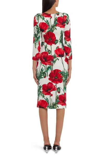 Shop Dolce & Gabbana Poppy Print Silk Charmeuse Dress In Natural White