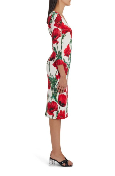 Shop Dolce & Gabbana Poppy Print Silk Charmeuse Dress In Natural White