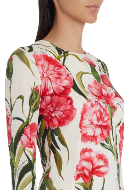 Shop Dolce & Gabbana Carnation Print Long Sleeve Stretch Silk Charmeuse Dress In Natural White