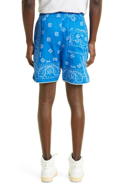 Shop Rhude Bandana Print Lyocell Track Shorts In Blue/ Creme