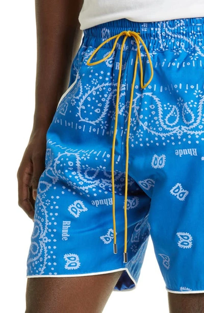 Shop Rhude Bandana Print Lyocell Track Shorts In Blue/ Creme