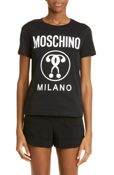 Shop Moschino Double Question Mark Logo Graphic Tee In Fantasy Print Black