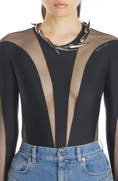 Shop Mugler Illusion Inset Long Sleeve Bodysuit In Black Nude 1