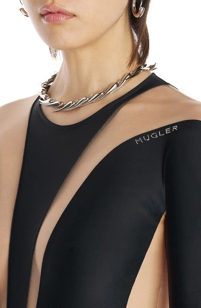 Shop Mugler Illusion Inset Long Sleeve Bodysuit In Black Nude 2