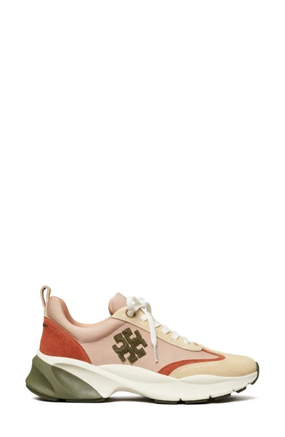 Tory Burch Good Luck Suede-trimmed Sneakers In Salmon / Olive / Sand