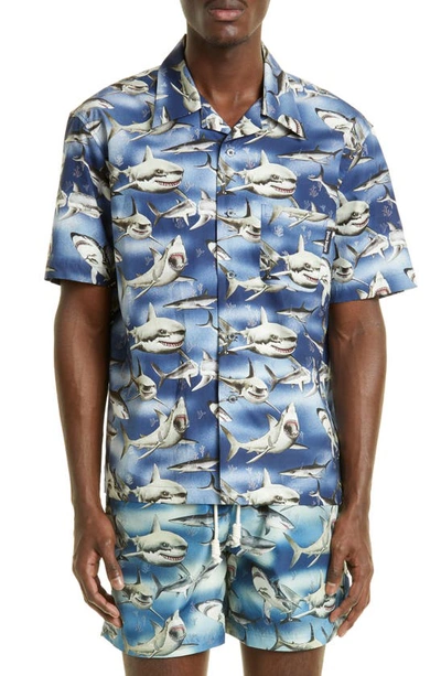 Shop Palm Angels Shark Print Bowling Shirt In Blue Black