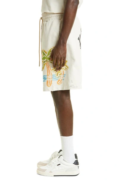 Shop Palm Angels Neon Distressed Cotton Graphic Sweat Shorts In Off White Multicol