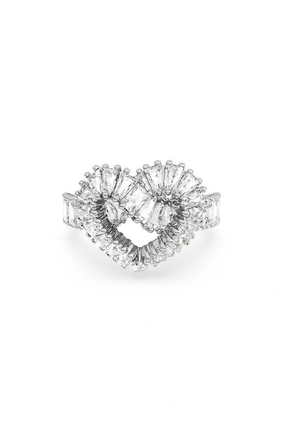 Swarovski Matrix Motif Ring Heart Woven Rhodium Shiny White In Metallic
