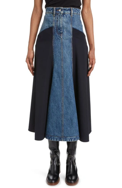 Shop Chloé Mixed Media Denim & Virgin Wool Midi Skirt In Ink Navy