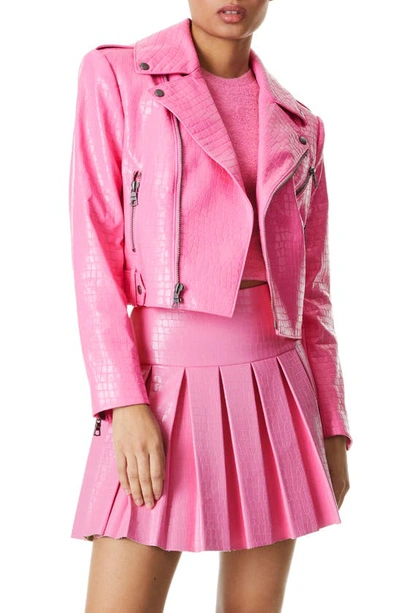 Shop Alice And Olivia Cody Croc Embossed Faux Leather Jacket In Primrose