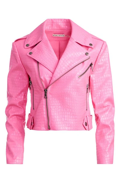 Shop Alice And Olivia Cody Croc Embossed Faux Leather Jacket In Primrose