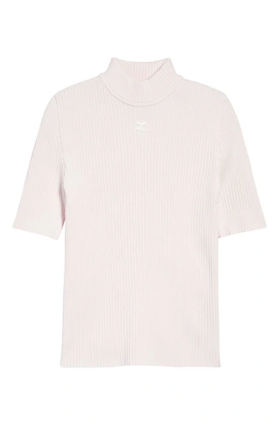 Shop Courrèges Embroidered Logo Mock Neck Rib Sweater In Pale Pink