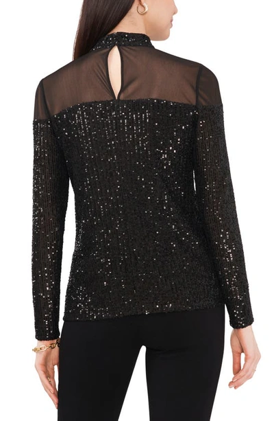 Chaus Sequin Mock Neck Long Sleeve Top In Black