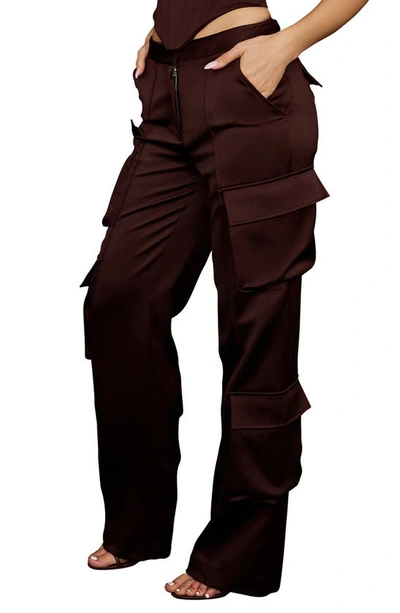 House Of Cb Daria Seamed Satin Cargo Trousers In Chocolate