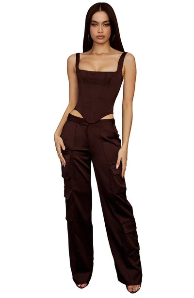 House Of Cb Daria Seamed Satin Cargo Trousers In Chocolate