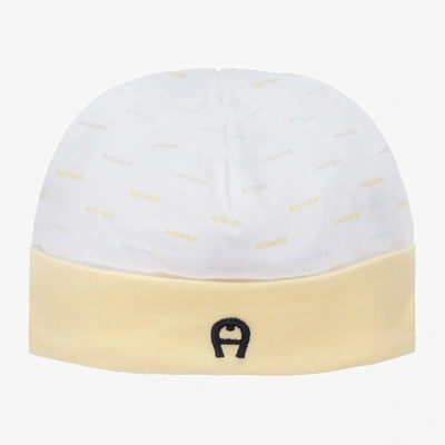 Shop Aigner White & Yellow Pima Cotton Baby Hat