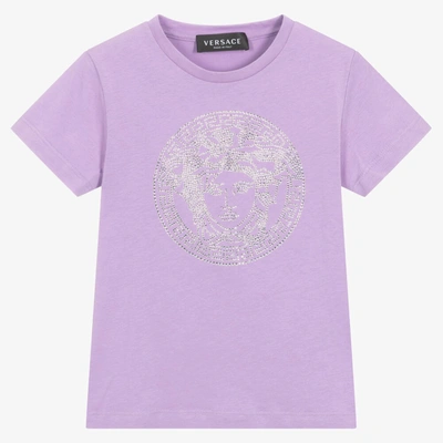 Shop Versace Girls Purple Crystal Medusa T-shirt