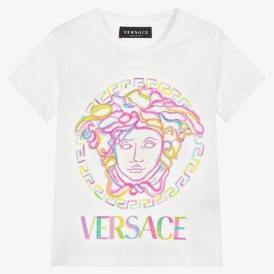 Shop Versace Girls Ivory Glitter Medusa T-shirt