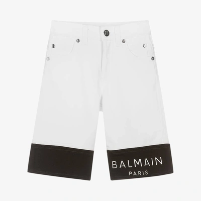 Shop Balmain Boys White Denim Logo Shorts