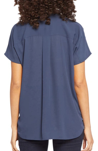 Shop Nydj Becky Leaf Print Split Neck Woven Top In Oxford Navy