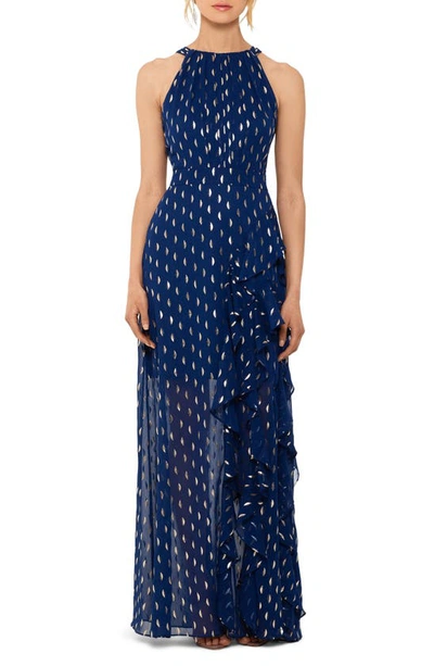 Shop Betsy & Adam Metallic Clip Dot Ruffle Halter Neck Chiffon Gown In Light Navy/ Gold