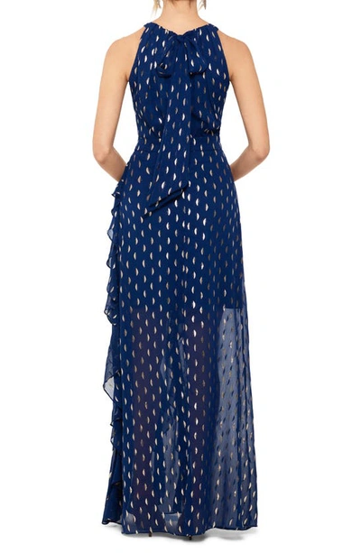 Shop Betsy & Adam Metallic Clip Dot Ruffle Halter Neck Chiffon Gown In Light Navy/ Gold