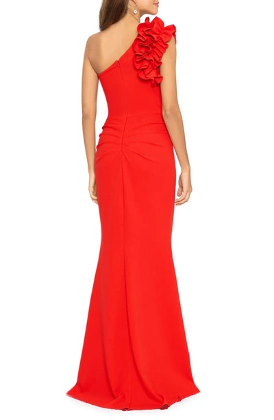 Shop Xscape Ruffle One-shoulder Scuba Crepe Gown In Red
