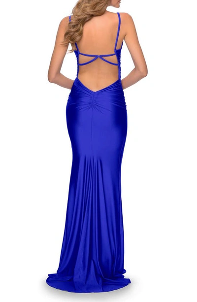 Shop La Femme Strappy Back Ruched Trumpet Gown In Royal Blue