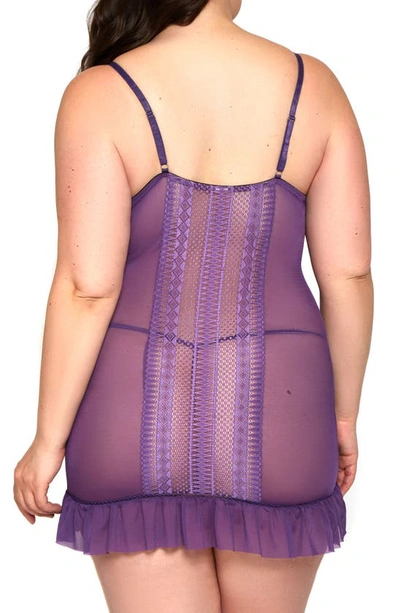 Shop Icollection Jacquard Lace & Mesh Chemise & G-string Thong Set In Purple