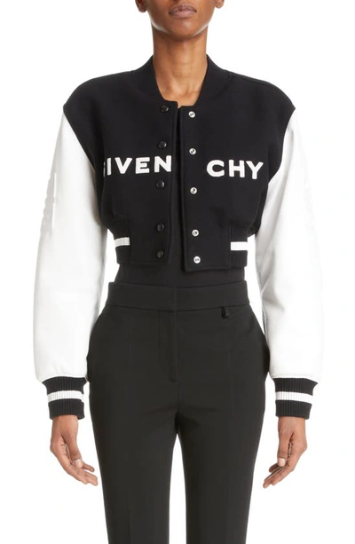 Shop Givenchy Leather Sleeve Virgin Wool Blend Crop Varsity Jacket In Black/ White