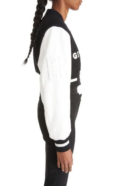 Shop Givenchy Leather Sleeve Virgin Wool Blend Crop Varsity Jacket In Black/ White