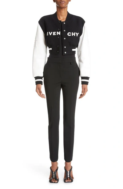 Shop Givenchy Leather Sleeve Virgin Wool Blend Crop Varsity Jacket In Black/ White