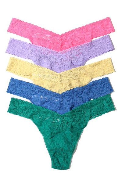 Shop Hanky Panky Assorted 5-pack Lace Original Rise Thongs In Sizzle Pink/hyacinth/buttercup