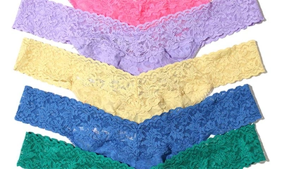 Shop Hanky Panky Assorted 5-pack Lace Original Rise Thongs In Sizzle Pink/hyacinth/buttercup