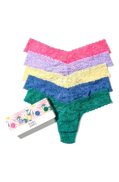 Shop Hanky Panky Assorted 5-pack Lace Low Rise Thongs In Sizzle Pink/hyacinth/buttercup