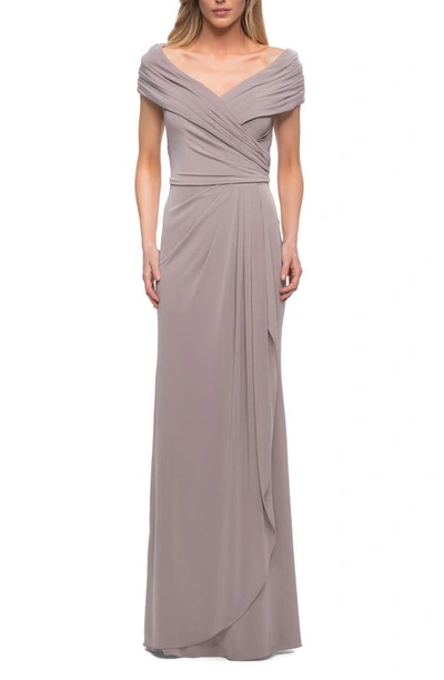 Shop La Femme Ruched Jersey Column Gown In Silver